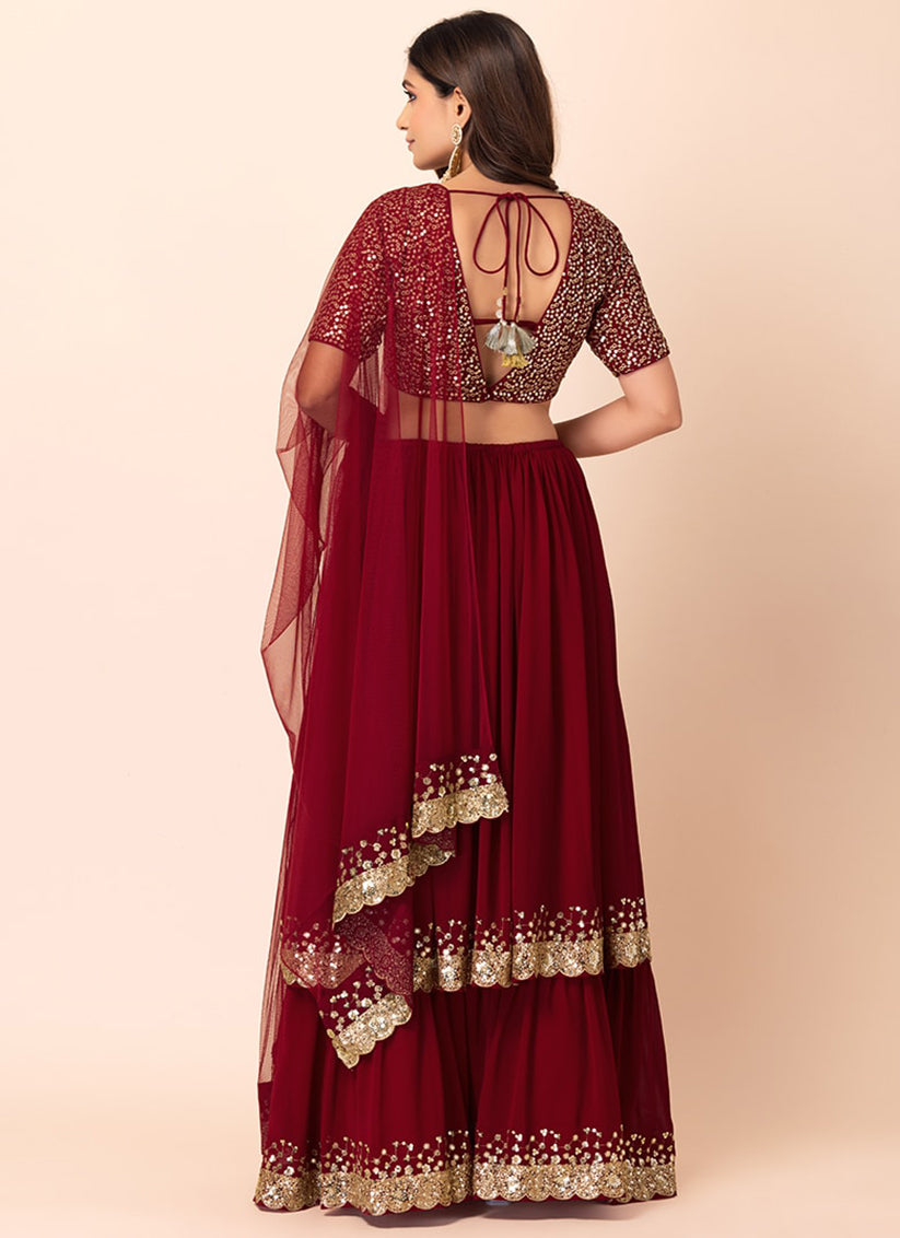 Berry Red Georgette Sequins Work Lehenga Choli