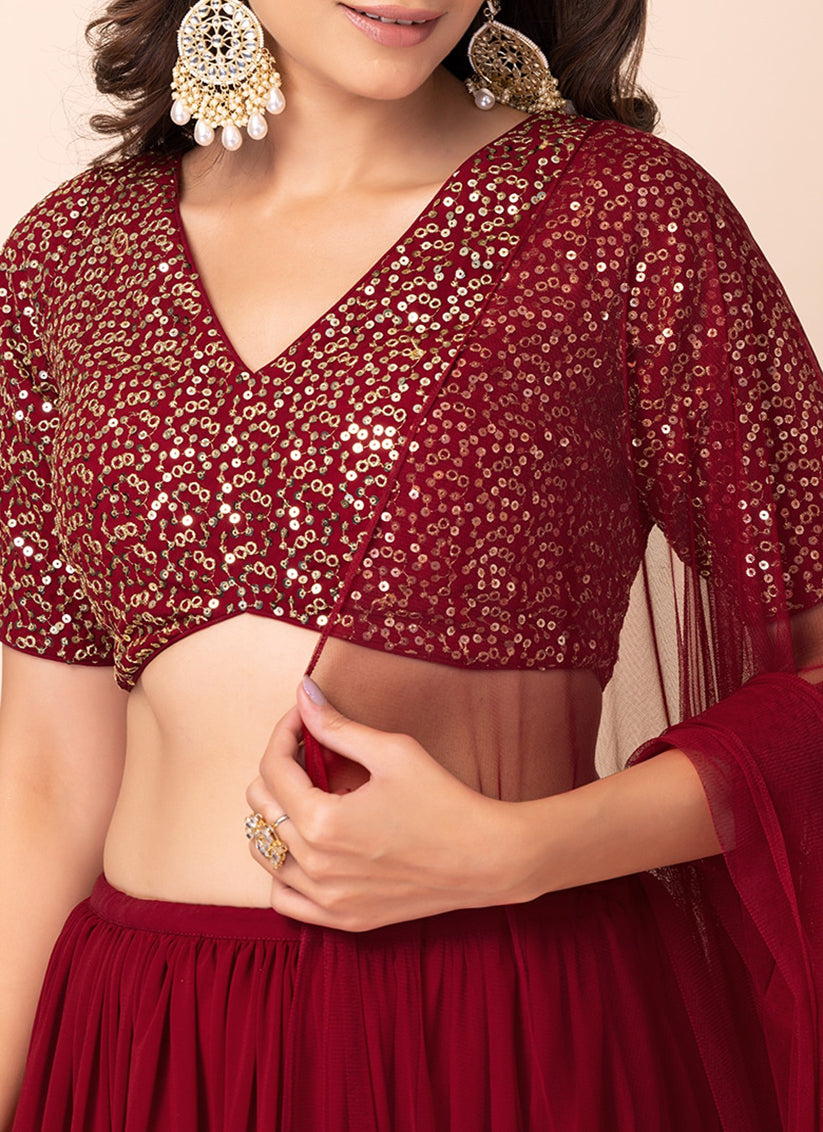 Berry Red Georgette Sequins Work Lehenga Choli
