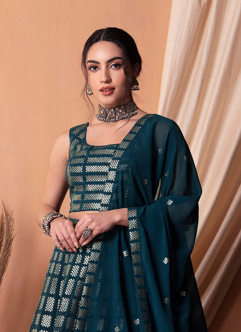 Teal Blue Georgette Sequins Embroidered Lehenga Choli