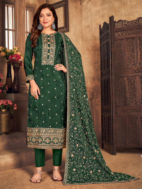 Green Viscose Upada Embroidered Wedding Pant Suit