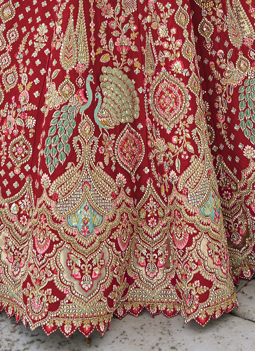 Crimson Red Silk Embroidered Bridal Lehenga Choli