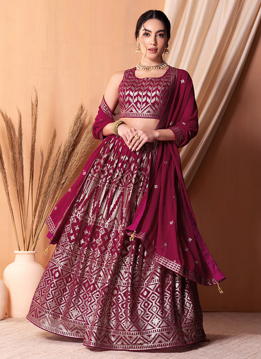 Wine Georgette Sequins Embroidered Lehenga Choli