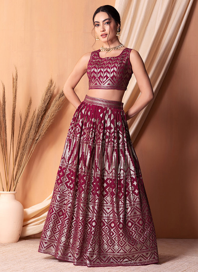 Wine Georgette Sequins Embroidered Lehenga Choli