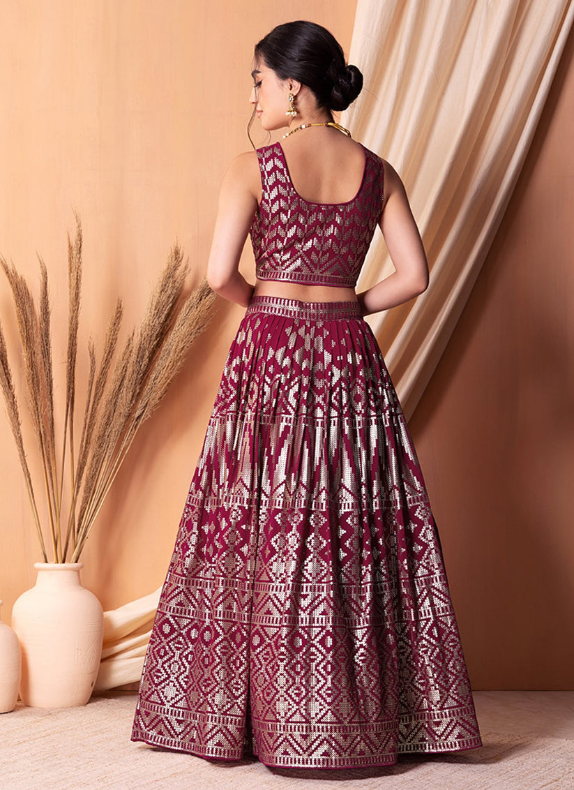Wine Georgette Sequins Embroidered Lehenga Choli