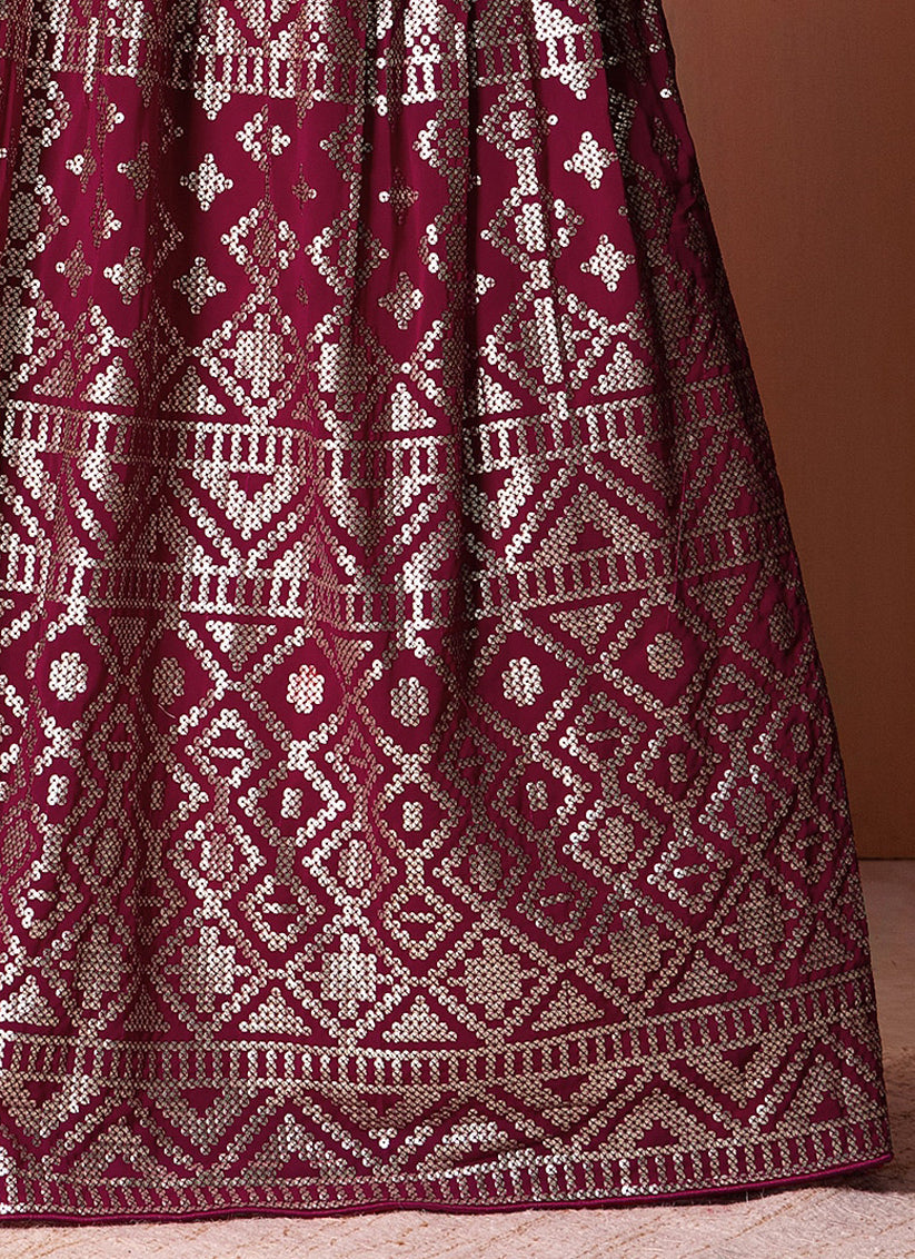 Wine Georgette Sequins Embroidered Lehenga Choli