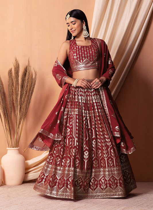 Maroon Georgette Sequins Embroidered Lehenga Choli