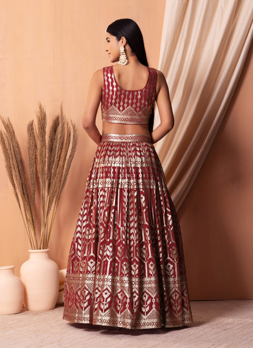 Maroon Georgette Sequins Embroidered Lehenga Choli