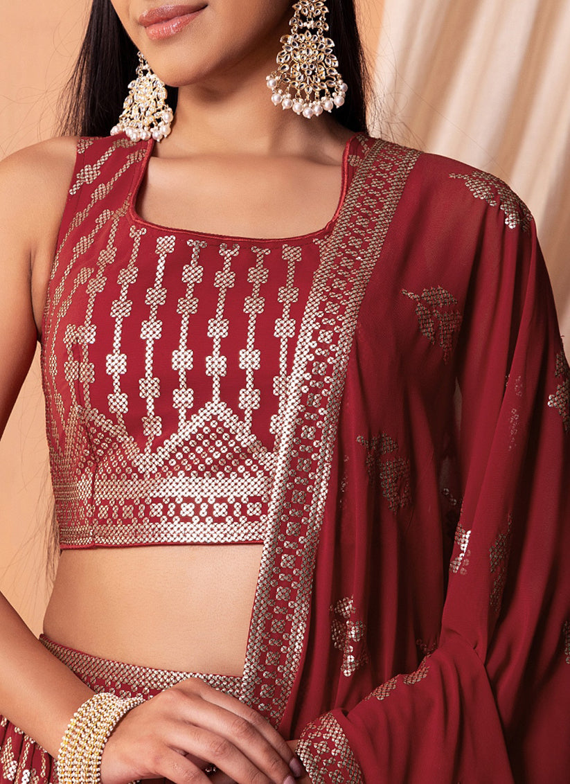 Maroon Georgette Sequins Embroidered Lehenga Choli
