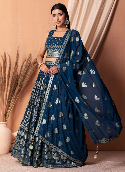Navy Blue Georgette Sequins Embroidered Lehenga Choli
