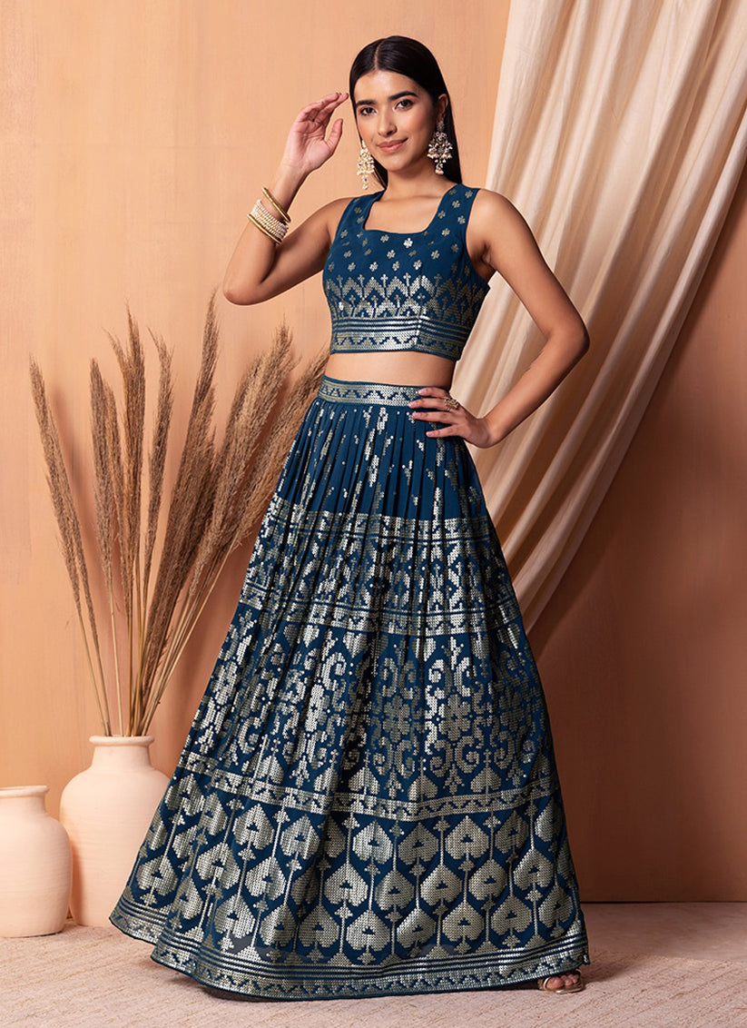 Navy Blue Georgette Sequins Embroidered Lehenga Choli