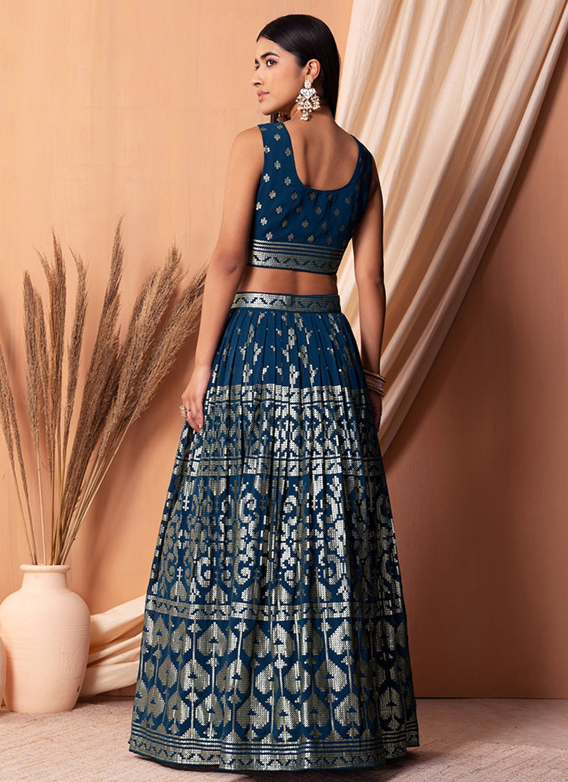 Navy Blue Georgette Sequins Embroidered Lehenga Choli