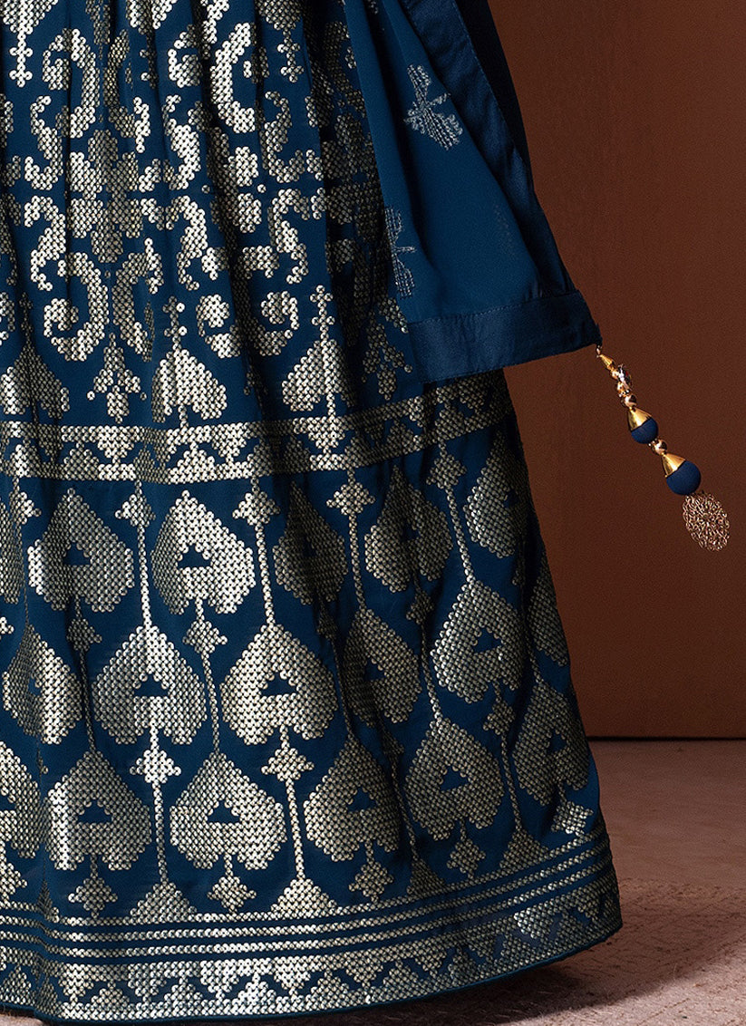 Navy Blue Georgette Sequins Embroidered Lehenga Choli