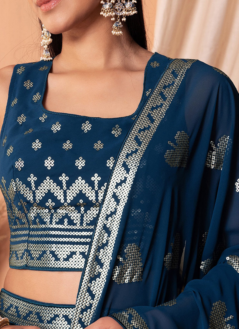 Navy Blue Georgette Sequins Embroidered Lehenga Choli