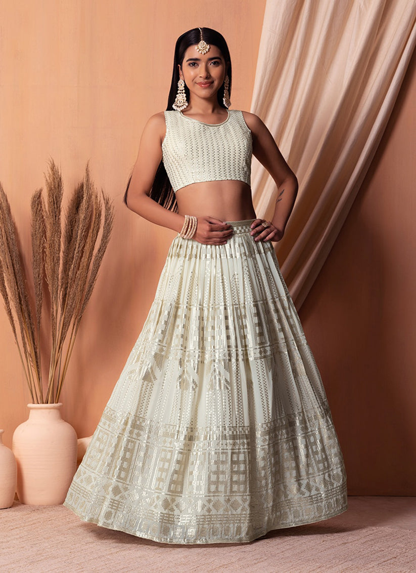 Ivory Georgette Sequins Embroidered Lehenga Choli