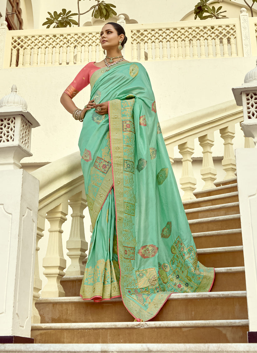 Turquoise Dola Silk Handwork Wedding Saree