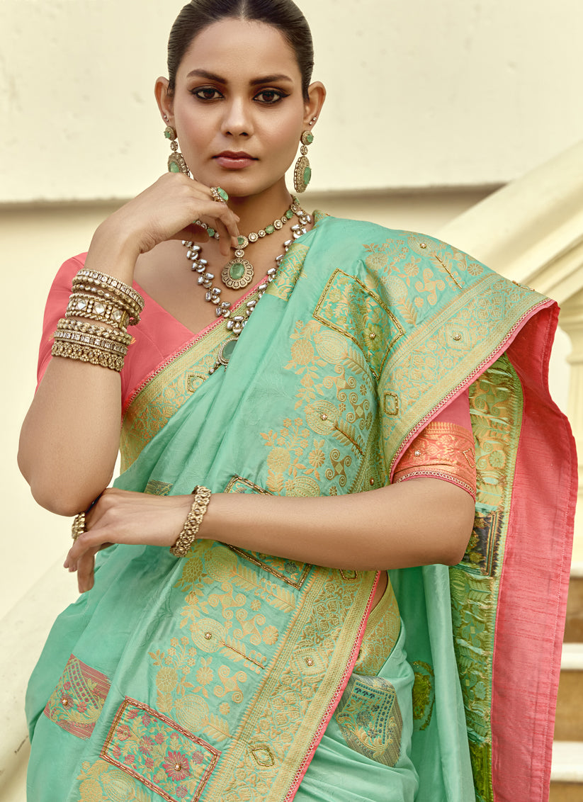 Turquoise Dola Silk Handwork Wedding Saree