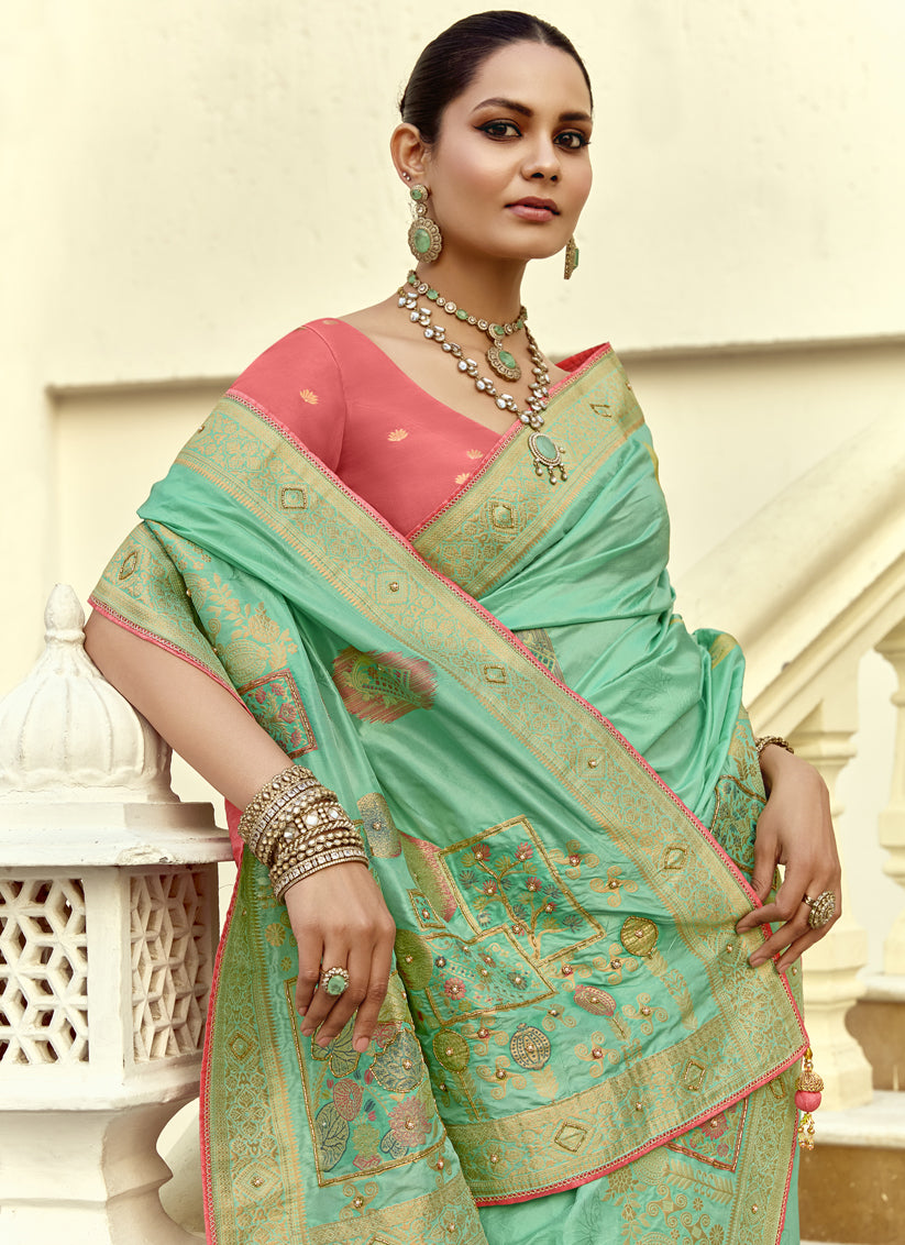 Turquoise Dola Silk Handwork Wedding Saree