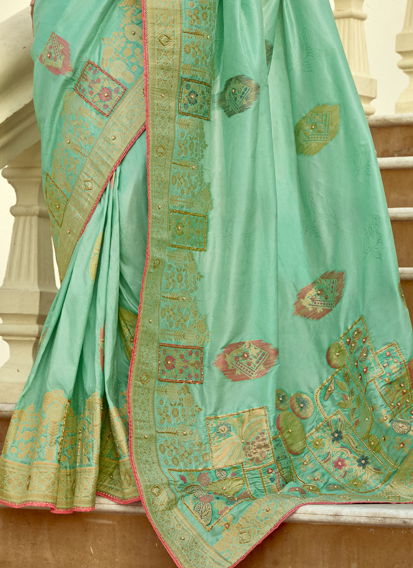 Turquoise Dola Silk Handwork Wedding Saree