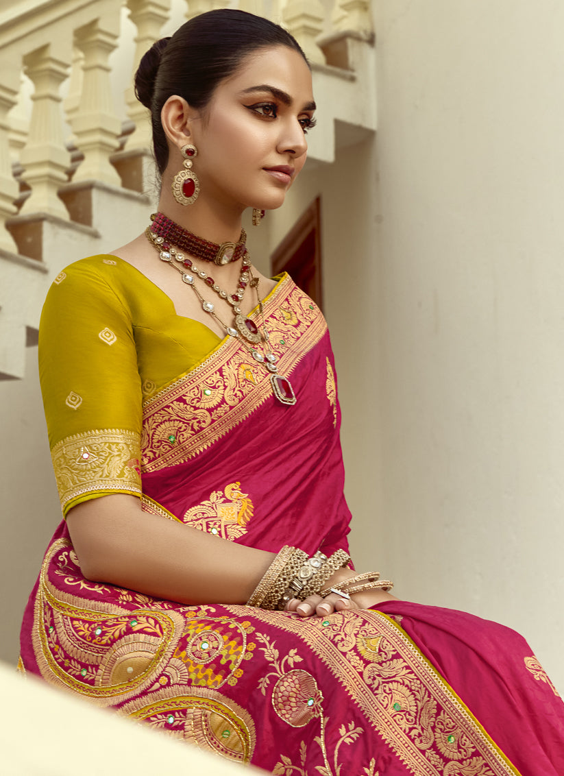 Rani Pink Dola Silk Handwork Wedding Saree