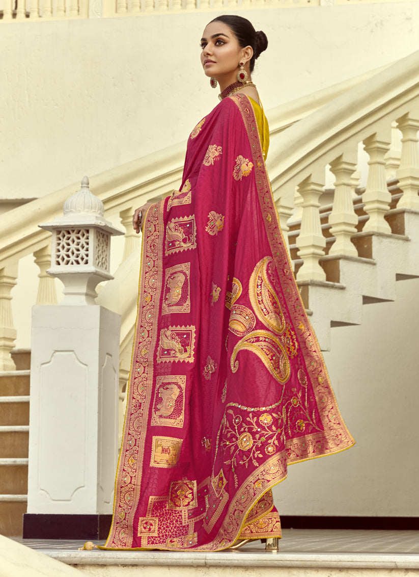 Rani Pink Dola Silk Handwork Wedding Saree