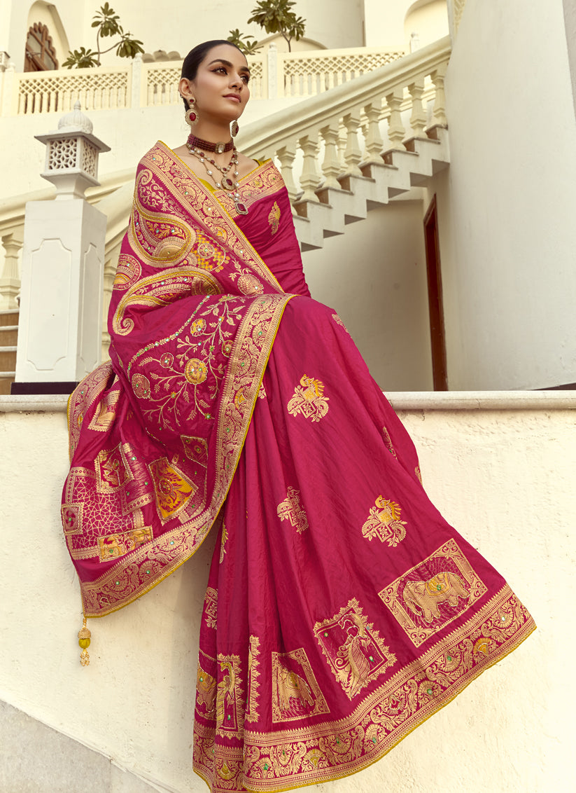 Rani Pink Dola Silk Handwork Wedding Saree