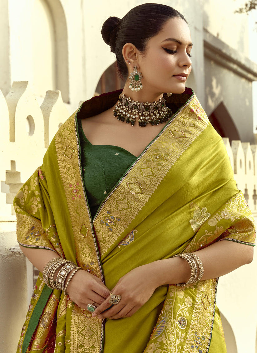 Chartreuse Green Dola Silk Handwork Wedding Saree