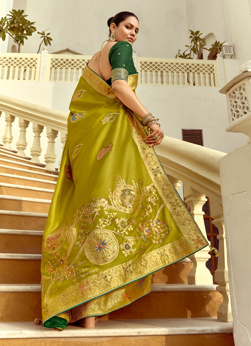 Chartreuse Green Dola Silk Handwork Wedding Saree