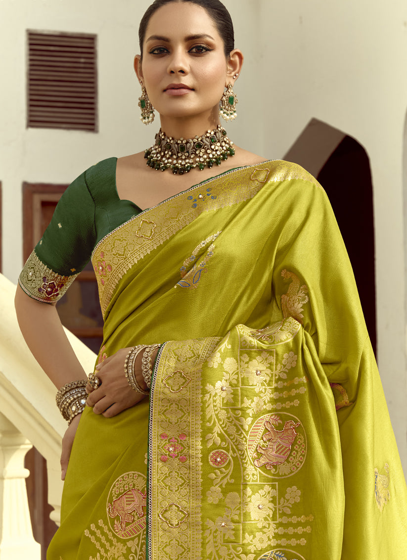 Chartreuse Green Dola Silk Handwork Wedding Saree