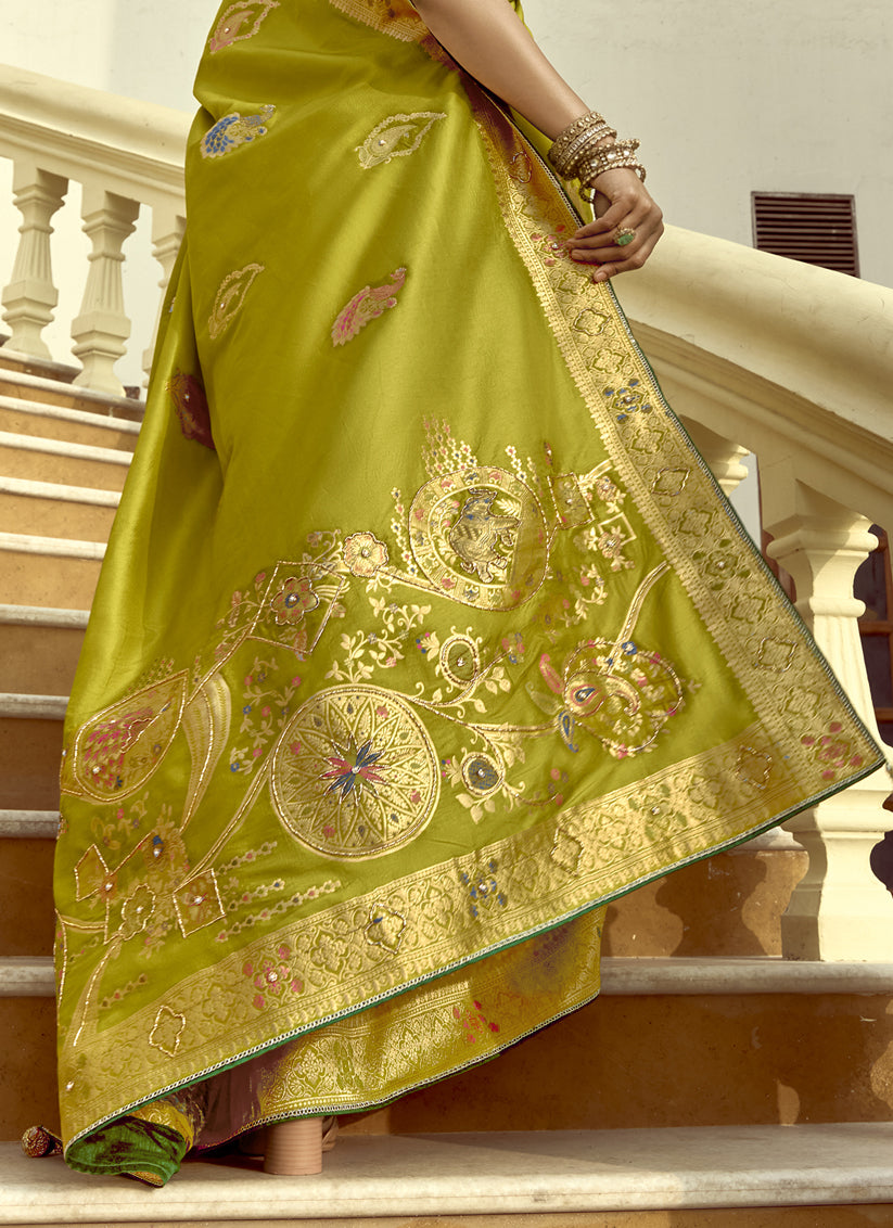 Chartreuse Green Dola Silk Handwork Wedding Saree