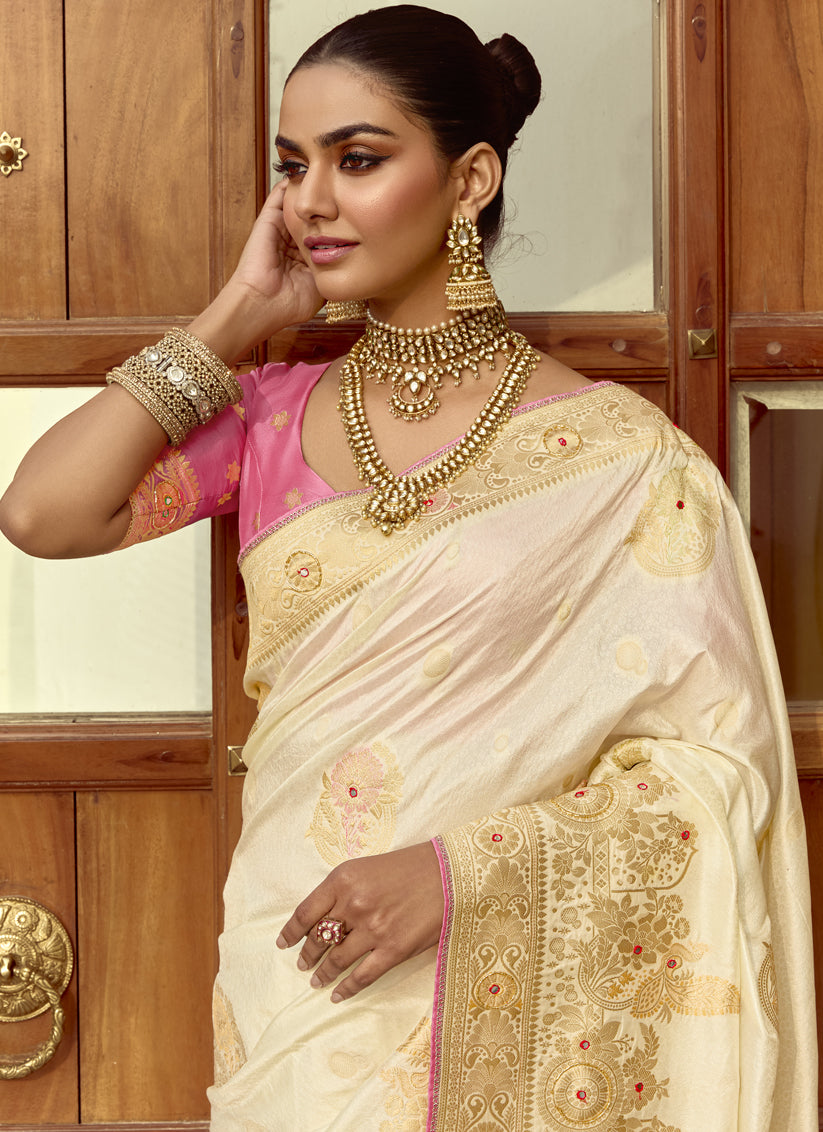 Off White Dola Silk Handwork Wedding Saree
