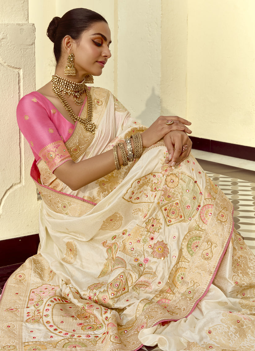 Off White Dola Silk Handwork Wedding Saree