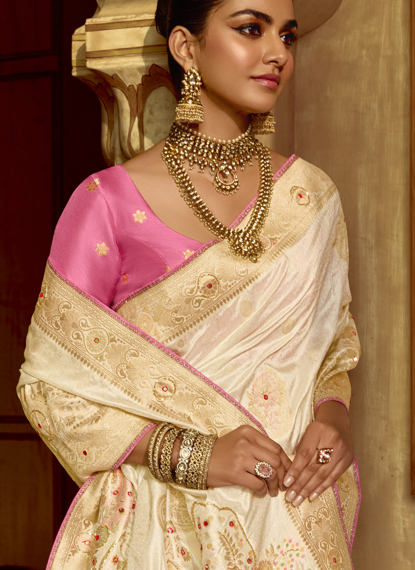 Off White Dola Silk Handwork Wedding Saree