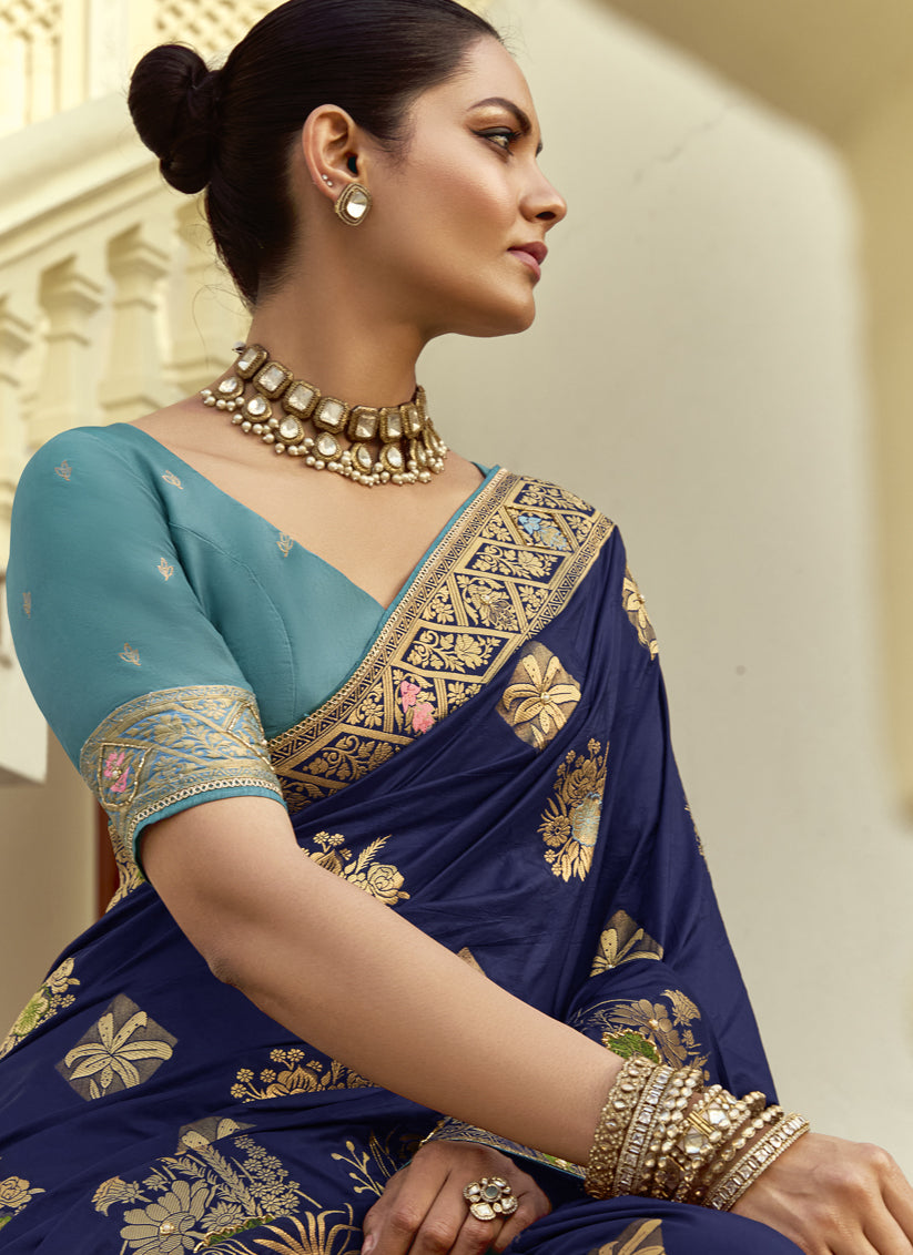 Navy Blue Dola Silk Handwork Wedding Saree