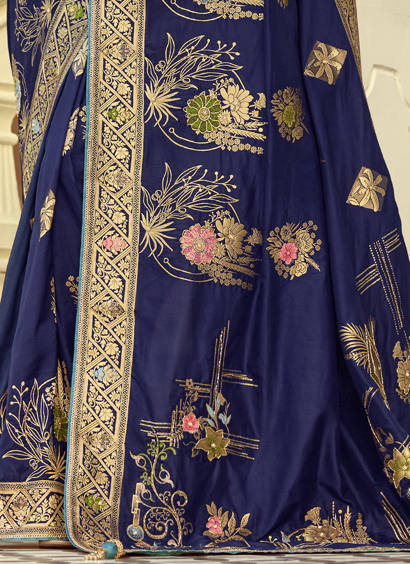 Navy Blue Dola Silk Handwork Wedding Saree