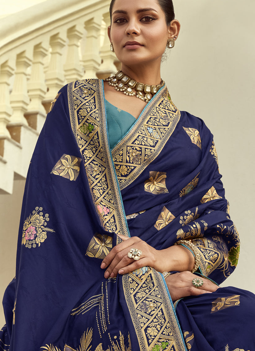 Navy Blue Dola Silk Handwork Wedding Saree