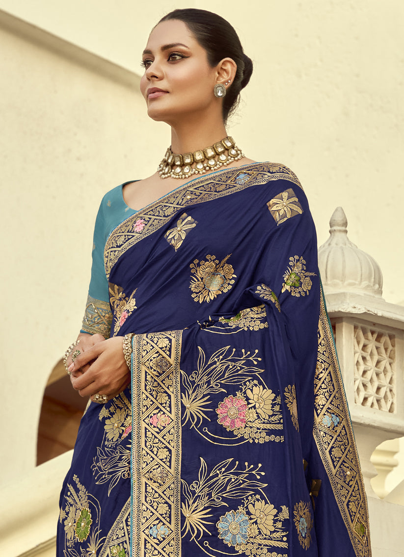 Navy Blue Dola Silk Handwork Wedding Saree