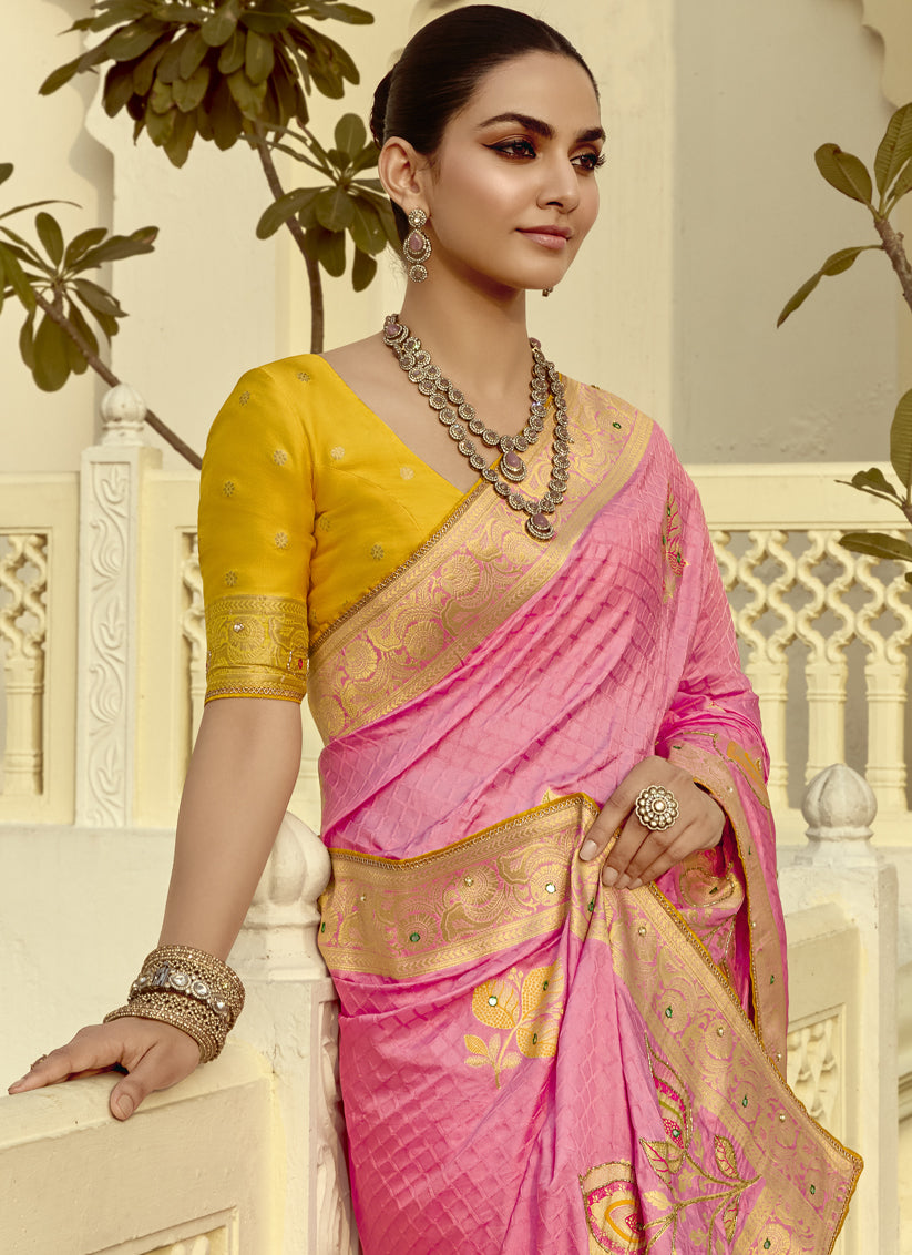 Cherry Pink Dola Silk Handwork Wedding Saree