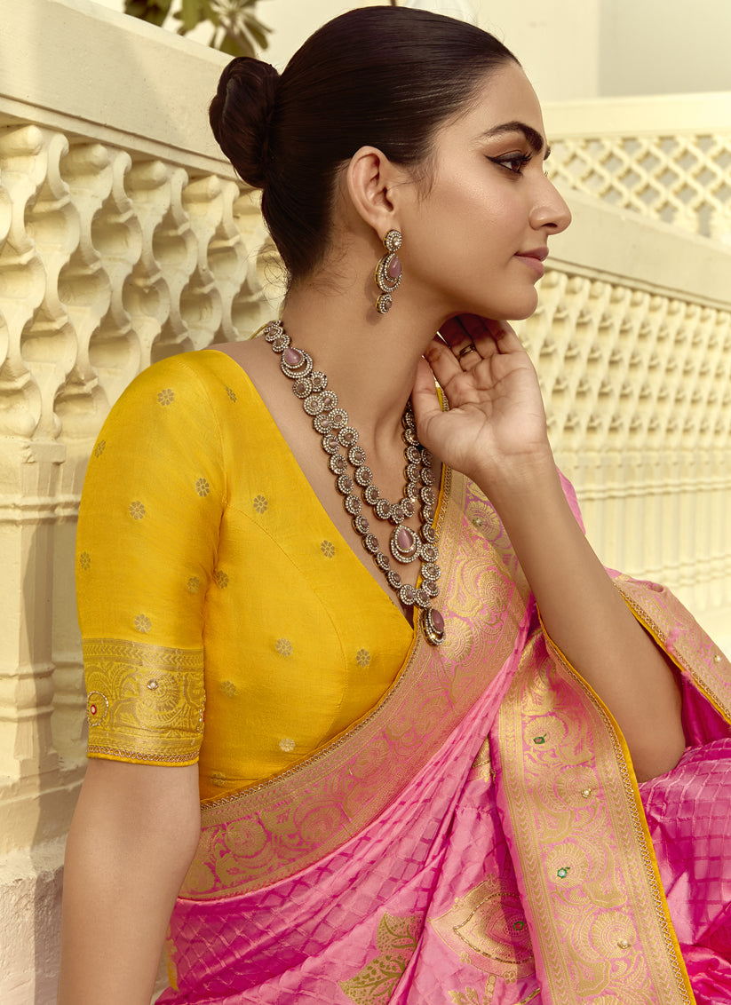 Cherry Pink Dola Silk Handwork Wedding Saree