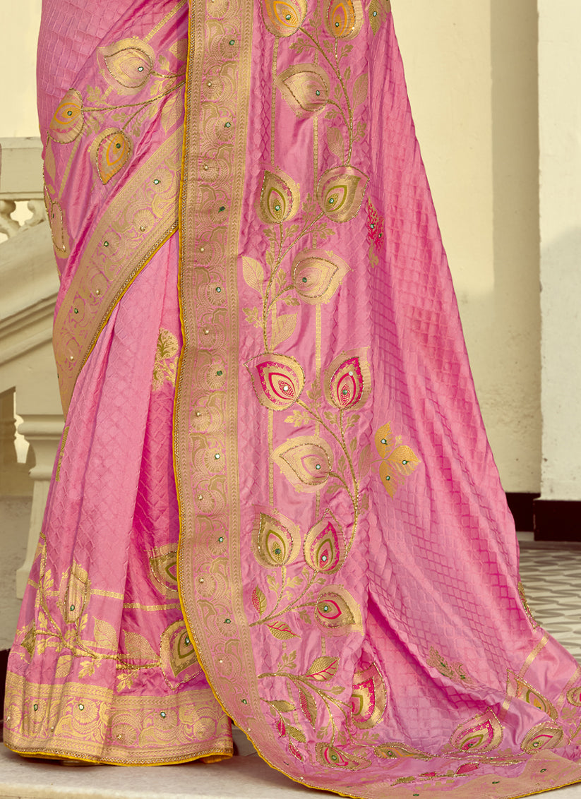 Cherry Pink Dola Silk Handwork Wedding Saree