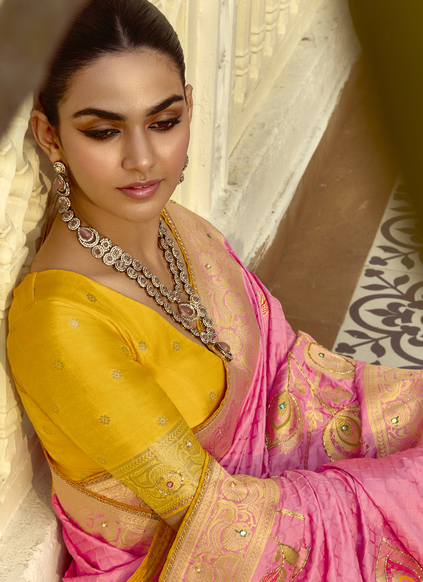 Cherry Pink Dola Silk Handwork Wedding Saree