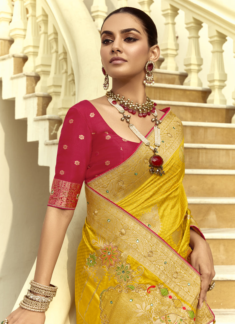 Sunny Yellow Dola Silk Handwork Wedding Saree