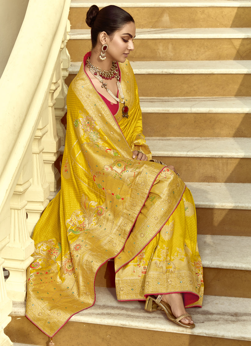 Sunny Yellow Dola Silk Handwork Wedding Saree