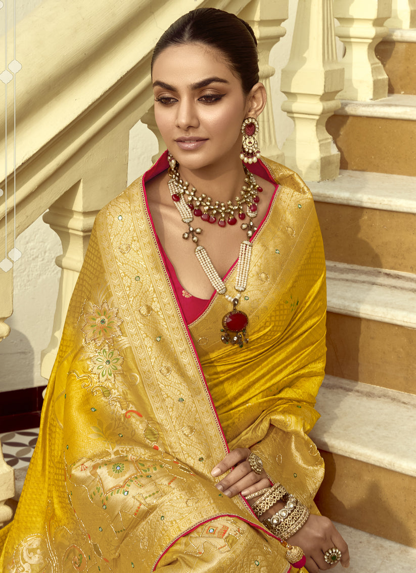 Sunny Yellow Dola Silk Handwork Wedding Saree