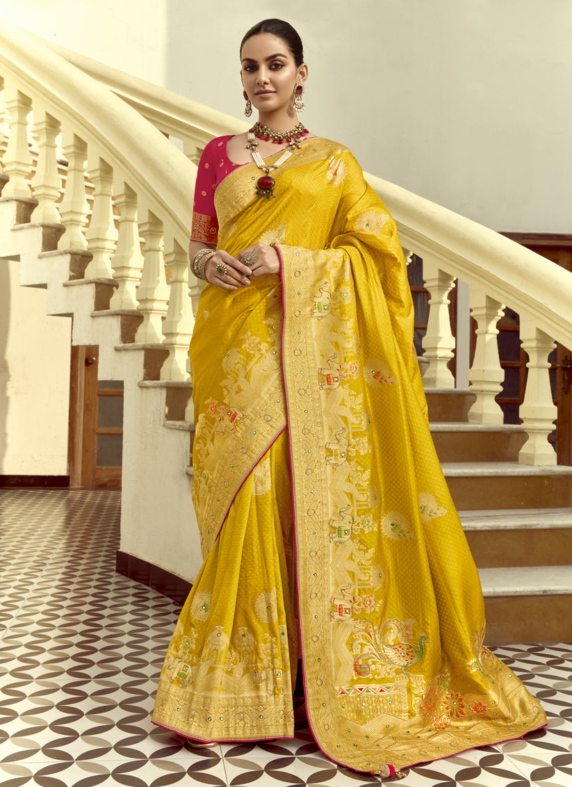 Sunny Yellow Dola Silk Handwork Wedding Saree