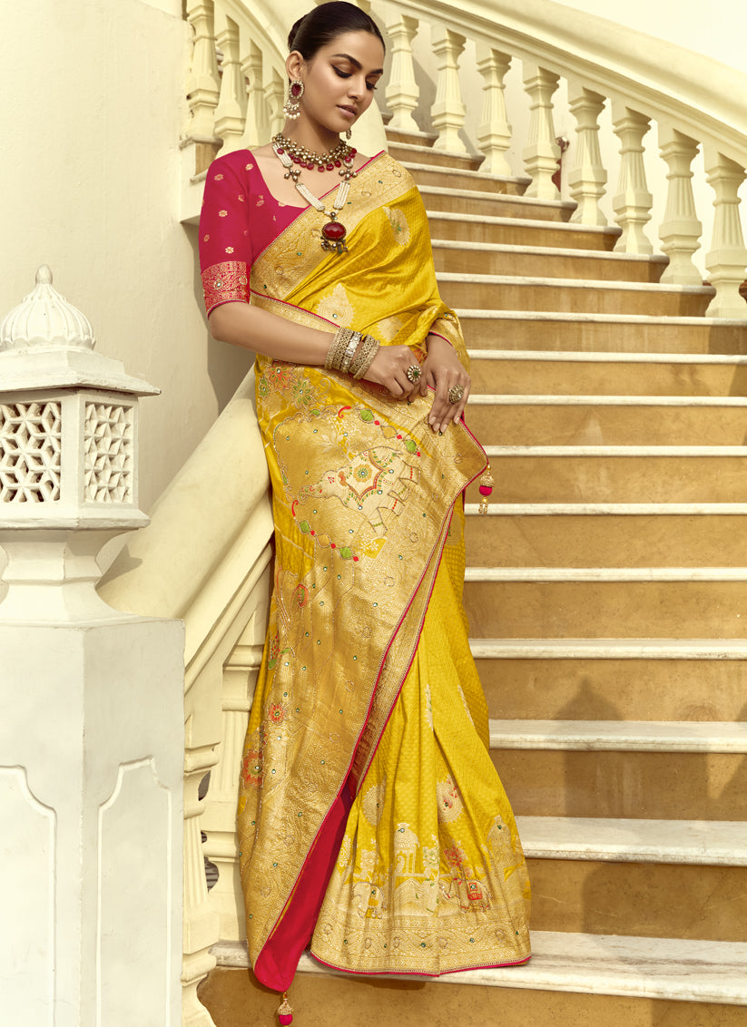 Sunny Yellow Dola Silk Handwork Wedding Saree