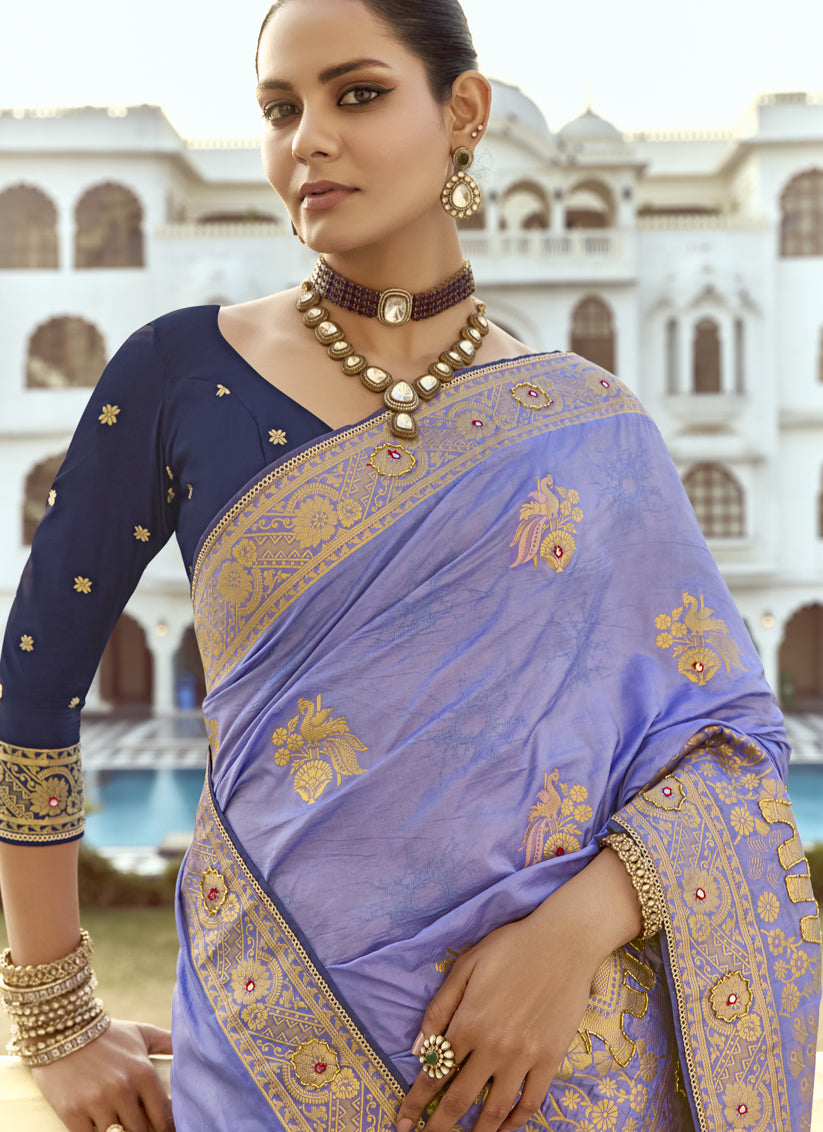 Lavender Dola Silk Handwork Wedding Saree
