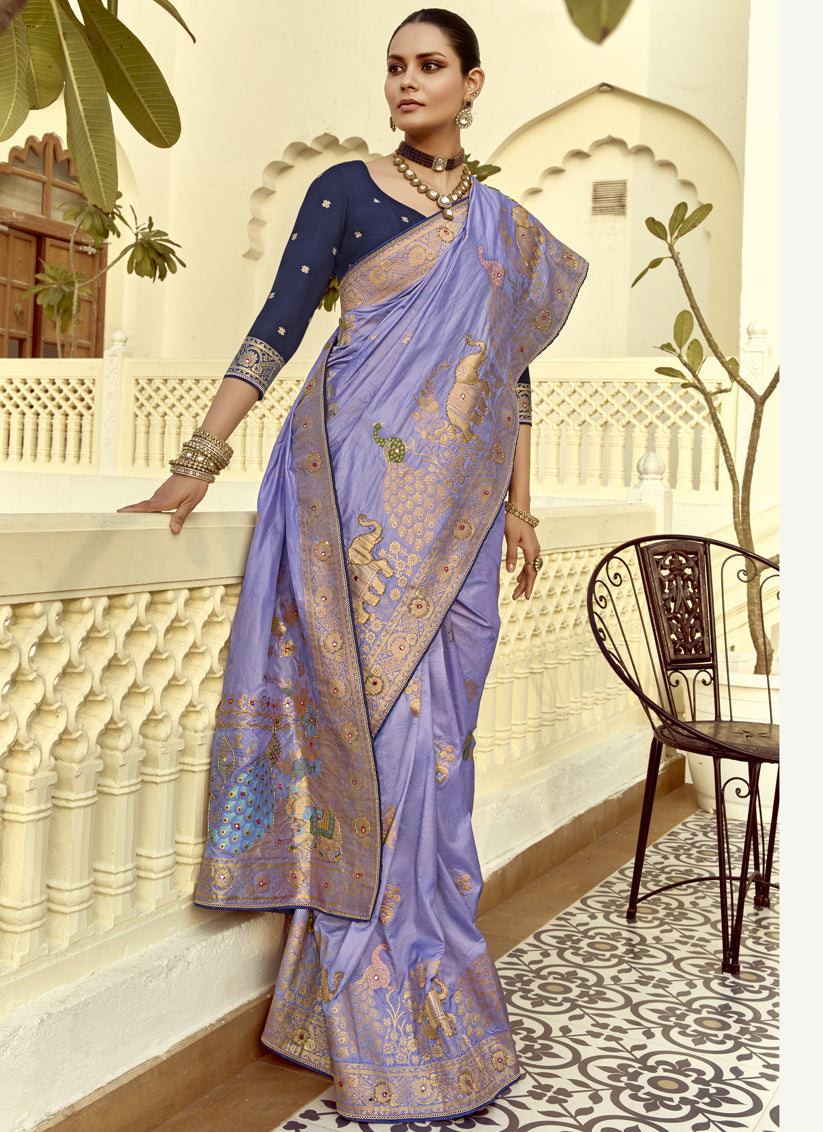 Lavender Dola Silk Handwork Wedding Saree