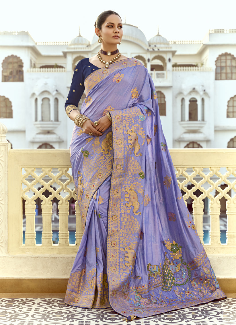 Lavender Dola Silk Handwork Wedding Saree