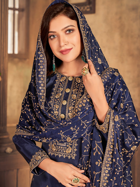 Blue Viscose Upada Embroidered Wedding Pant Suit