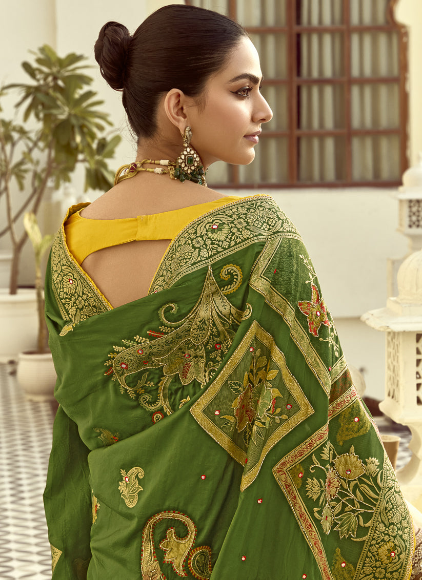 Olive Green Dola Silk Handwork Wedding Saree